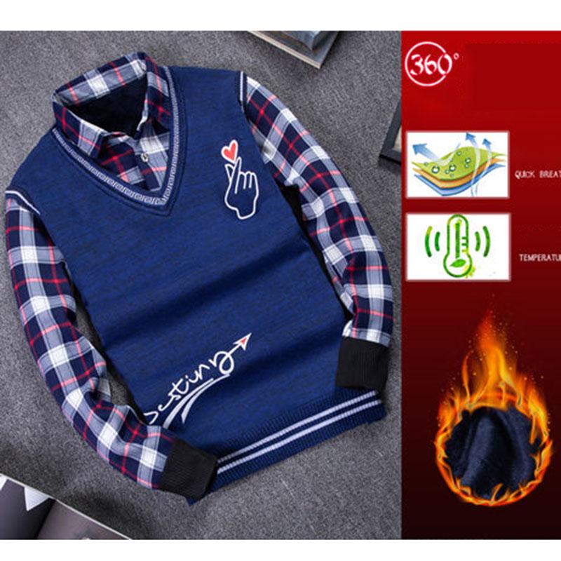 Autumn and Winter Men's Sweater Shirt Fake Two-piece Plus Velvet Thick Knit Sweater Slim Pullover for Teenagers