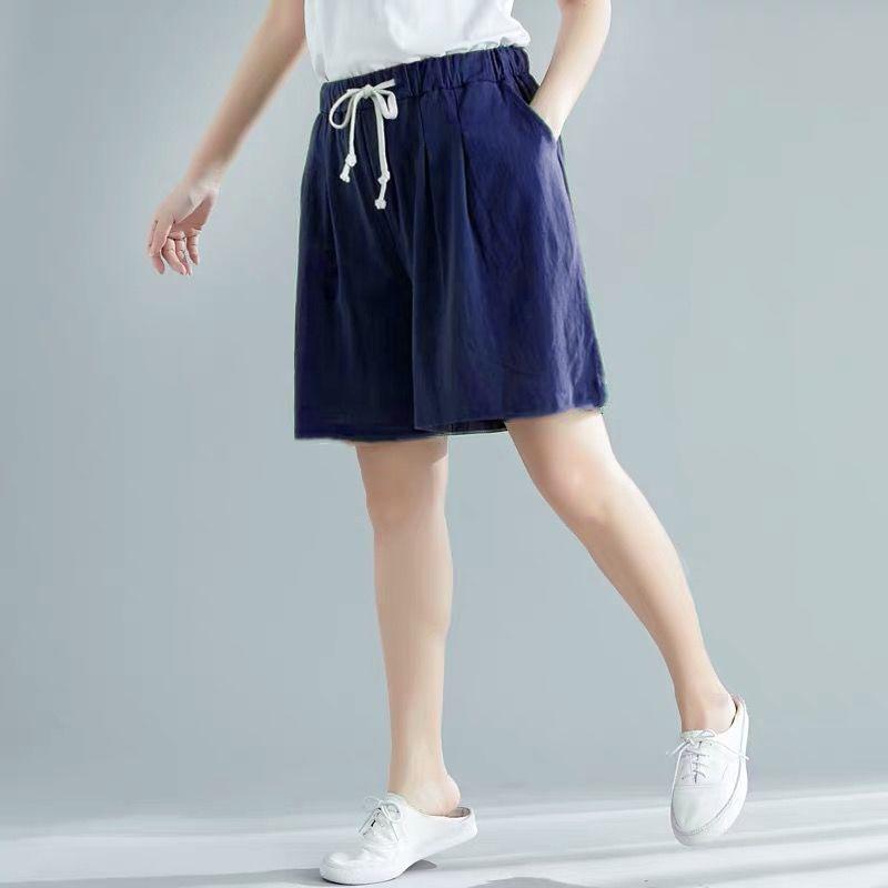 Cotton Shorts Women Loose High Waist Wide Leg Summer Straight Casual Cool Comfortable Elastic Waist Big Pocket Pure Color Simplicity