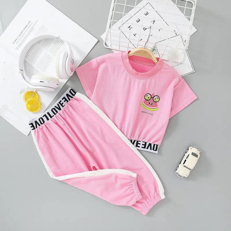 2PCS Children Clothing Set Spring Summer Girls Suits Printing Letter Watermelon Short Sleeve Tops + Pants Clothing Set