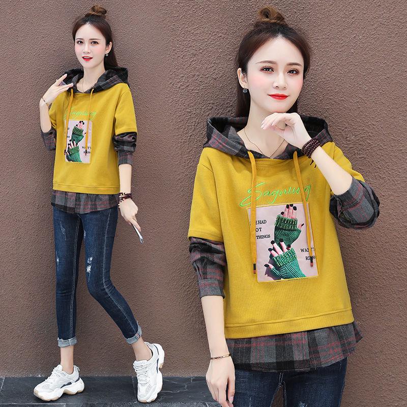 Fake Two Piece Stitching Hooded Sweater Spring and Autumn Loose Long-sleeved Casual Blouse Women