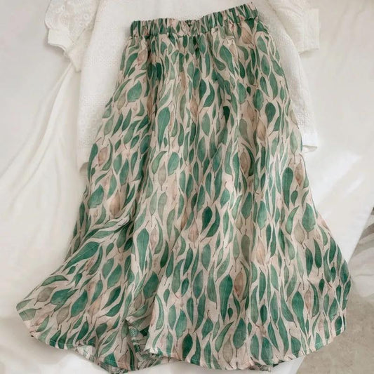 Woman Skirts Summer Breathable A-line Skirts Loose Casual Mid-length Skirt Female Elastic High Waist Printed Skirt