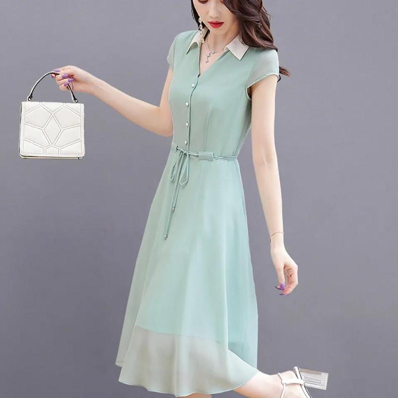 Dress Women's Summer Waist Was Thin and Temperament French Water Green Chiffon Dress