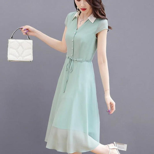 Dress Women's Summer Waist Was Thin and Temperament French Water Green Chiffon Dress