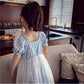 Girls Summer Children's Checkered Net Gauze Dress Little Girl Puff Sleeve Pleated Dress