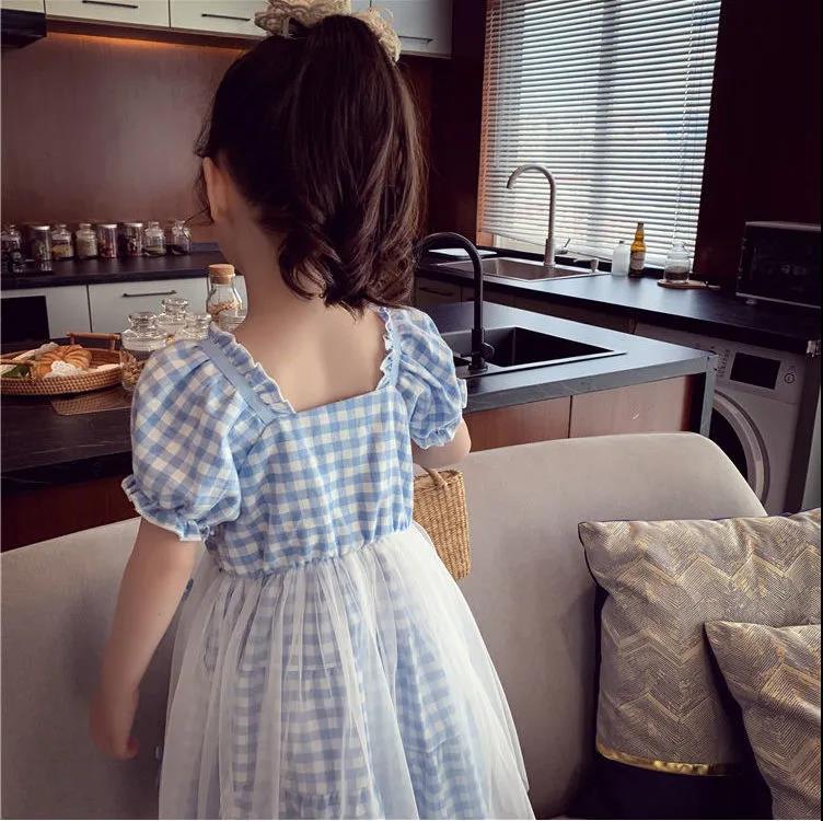 Girls Summer Children's Checkered Net Gauze Dress Little Girl Puff Sleeve Pleated Dress