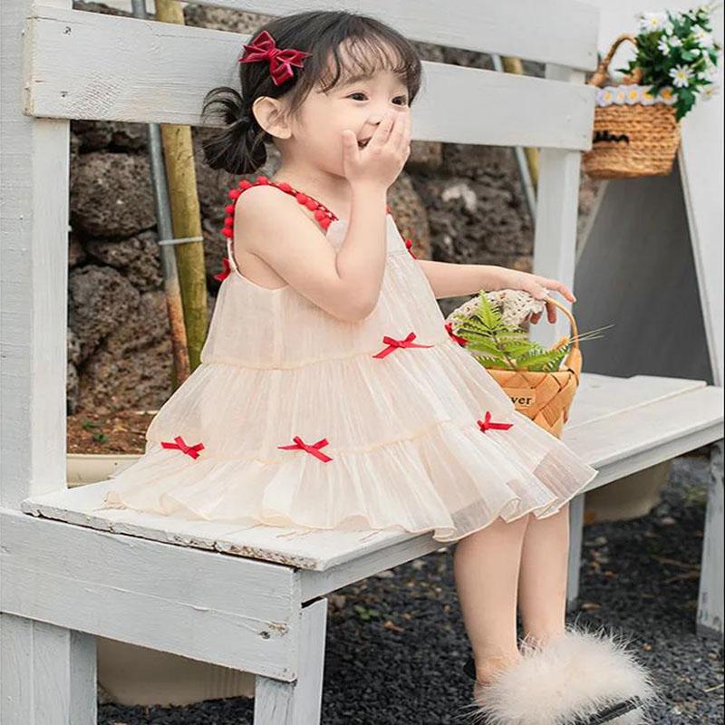 Girls Summer Dress Sling Dress Girl Baby Sweet Princess Skirt Little Girl Children's Fairy Skirt Red Bow A-line Skirt Mesh Skirt