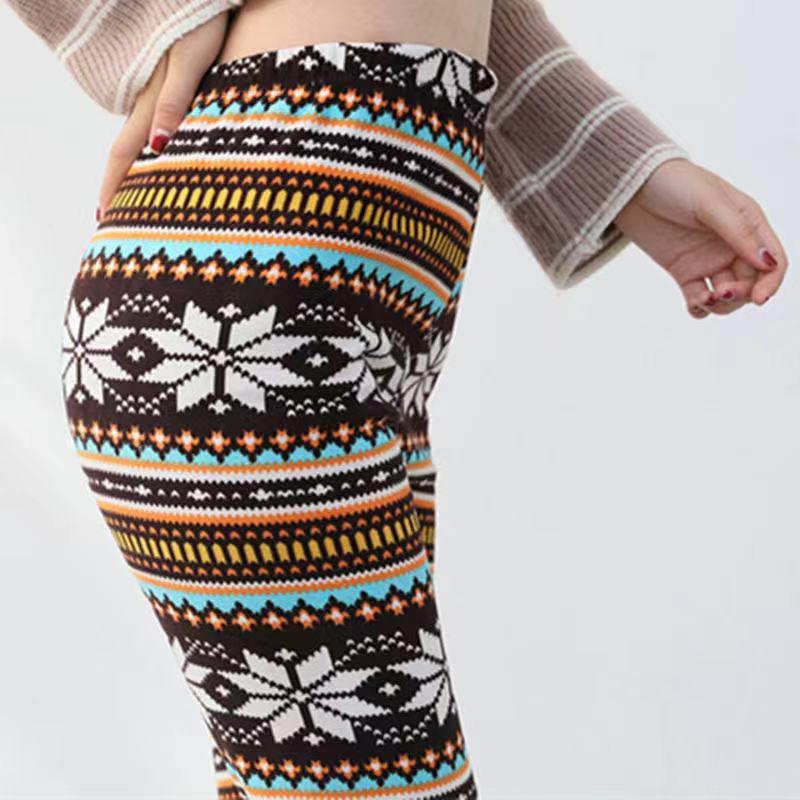 Plus Fleece Casual Pants Ladies Student Pants Multicolor Snowflake Fawn Trousers Plus Fat High Waist Stretch Pajamas Leggings