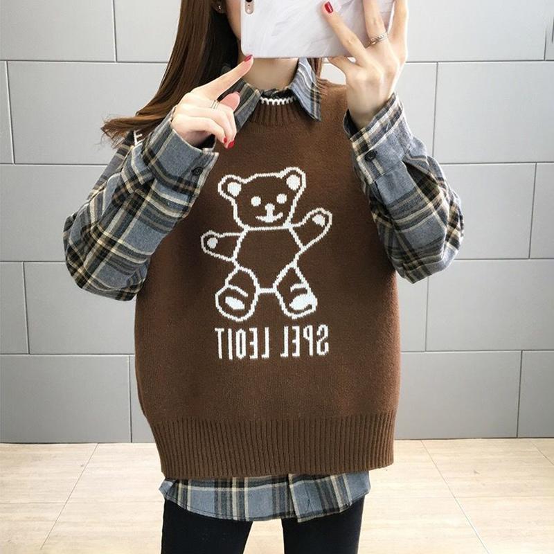 Bear Knitted Vest Jacket Women Autumn and Winter Loose Sweater Vest Shirt Suit Long-sleeved POLO Collar To Keep Warm and Comfortable