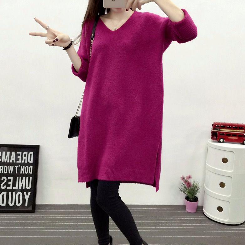 Ashion Winter Autumn Womens Sweaters Casual Long Sleeve Knitted Jumper V Neck Sweaters Dress