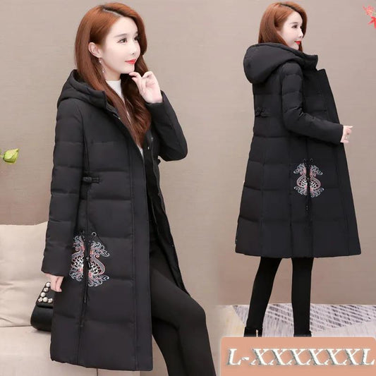 Winter Women's Mid-length Down Jacket Chinese Style Embroidered Slim Down Cotton Jacket Thick Warm Hooded Cotton Jacket