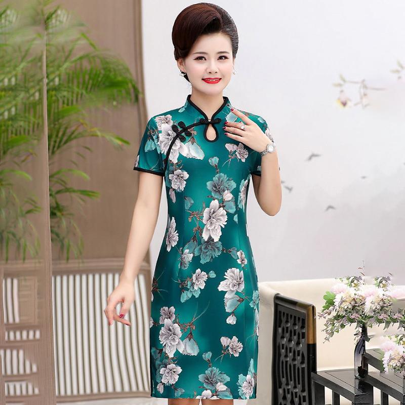 Fashion Mother Summer Short-sleeved Chinese Style Improved Cheongsam Dress Middle-aged and Elderly Women's Western Style Long Slim Dress