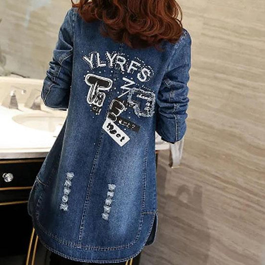 Autumn Women's Large Size Denim Long Jacket Long Sleeve Loose Buttons Lapel Casual Denim Cardigan Coat