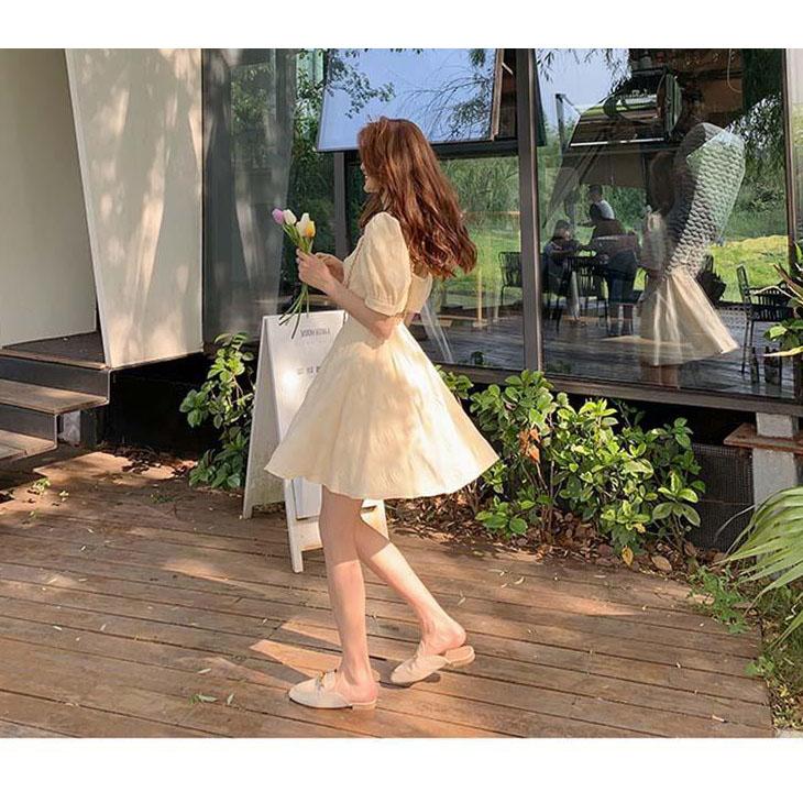 Women's Summer French Elegant and Sweet Short Bubble Sleeve Open Back Slim Dress