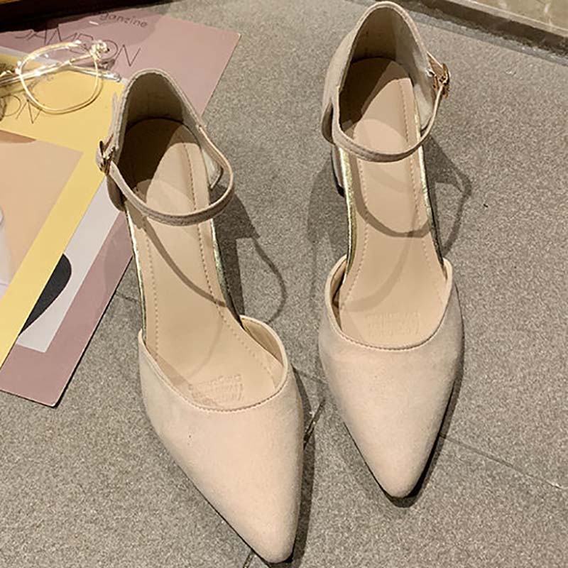 Shoes Female Students Korean Style Single Shoes Female Summer Wild Mid-heel Pointed Toe Buckle Thick Heel High-heeled Shoes Female Sandals