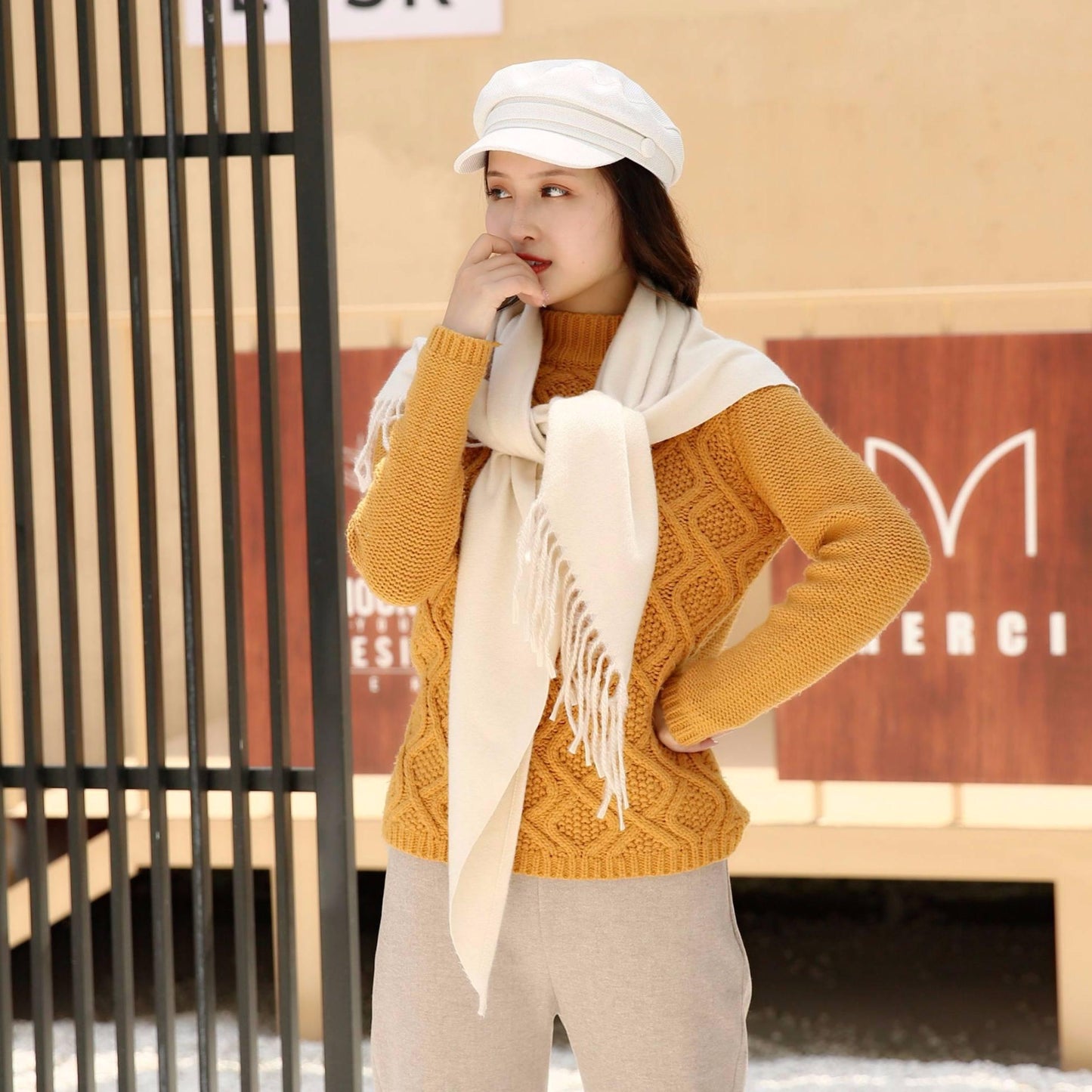 Women Solid Color Triangle Scarf Imitation Cashmere Soft Thick Warm Scarf Shawl