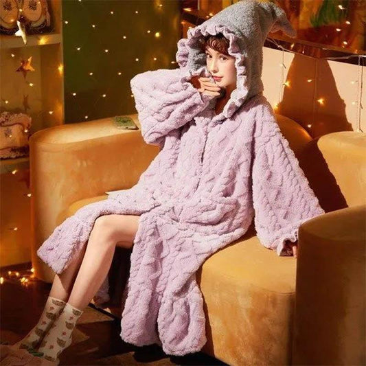 Christmas Pajamas Party Purple Nightgown Women Plus Velvet Thick Cute Loose Long Nightdress Super Thick Jacquard Flannel Can Be Worn Outside