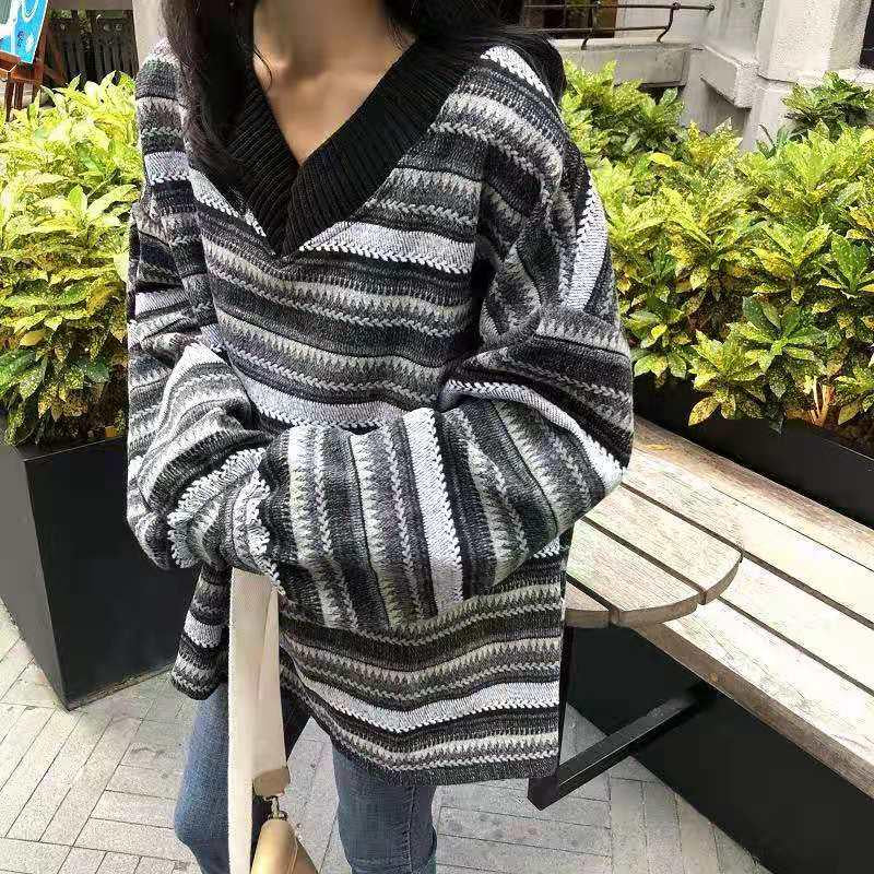 Pofulove Korean Striped Lantern Sleeve Sweater Women Loose Thin Long Sleeve Mid-length Student