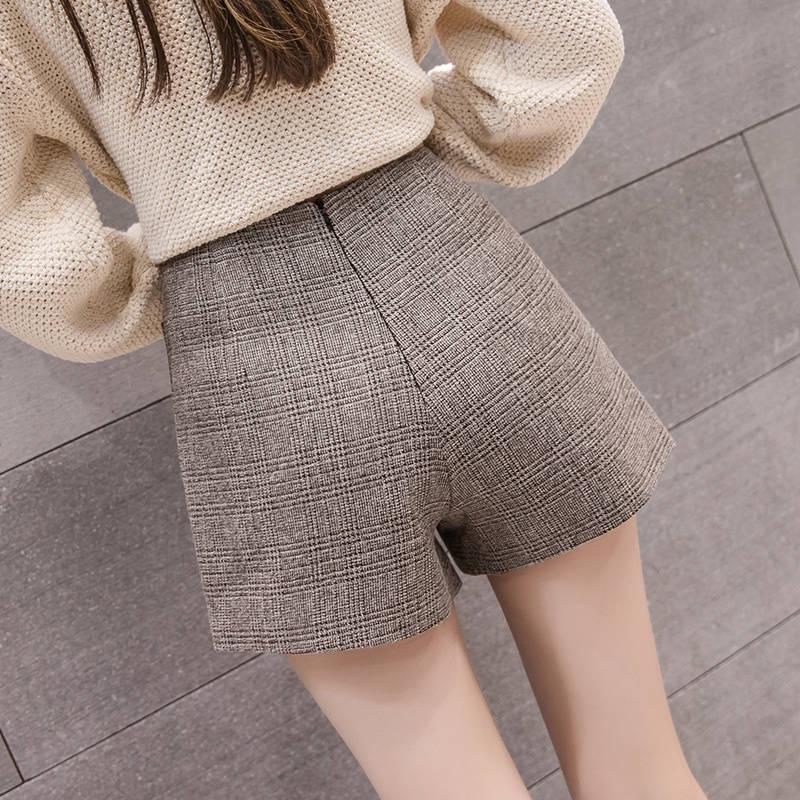 Shorts Women Classic Plaid High Waist Wide Leg Shorts with Belt Wool Boots Shorts