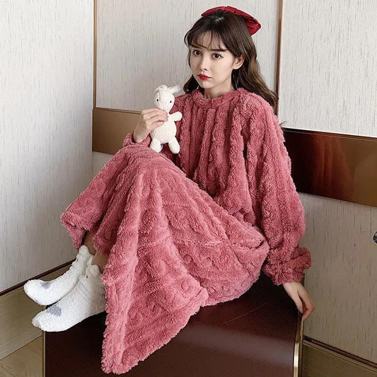 Nightdress Women Winter Thick Coral Fleece Long Over-the-knee Plus Size Flannel Long-sleeved Pajamas