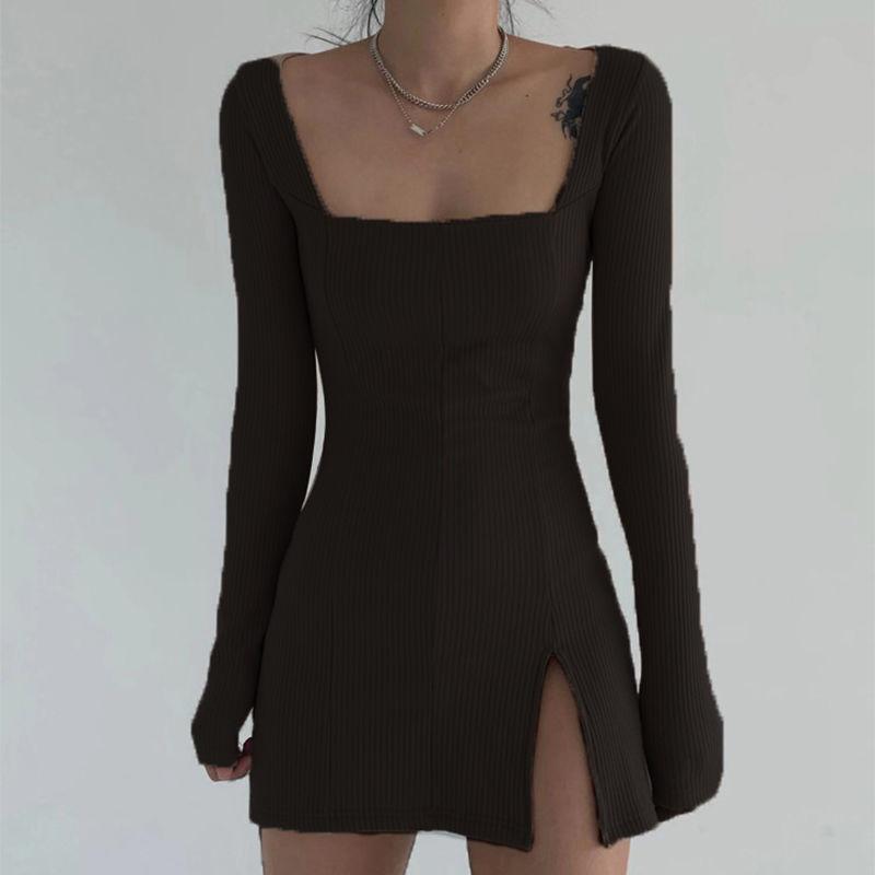 Female Split Tight Knit Elegant Casual Dress Square Neck Simple Vintage Versatile Short Dress