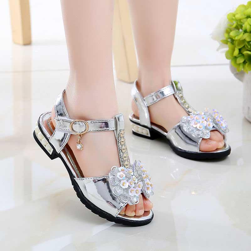 Princess Girls High Heels Flat Sandals Flash Child Girls Bow Leather Shoes Kids Dance Shoes Wear-resistant Non-slip Baby Sandals Size 26-36