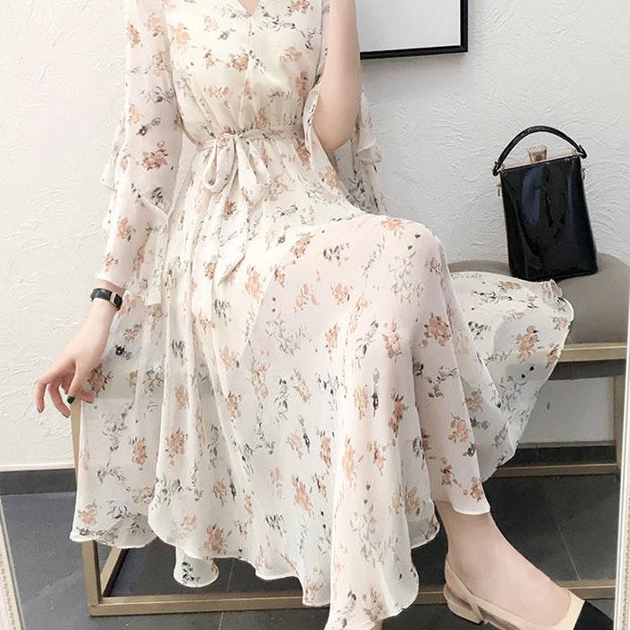 Pofulove M-4XL Women Summer Floral Chiffon Dress Slim Short-sleeved V-neck A-line Beach Dresses