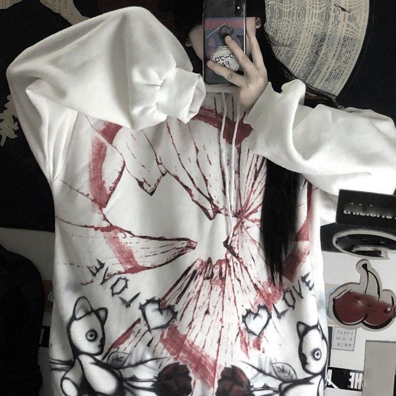 Gothic Punk Hoodies Women Y2K Pullover Sweatshirts Oversized Streetwear Hip Hop Harajuku Hooded Tops White Pink Graffiti Loose Casual Hoodies