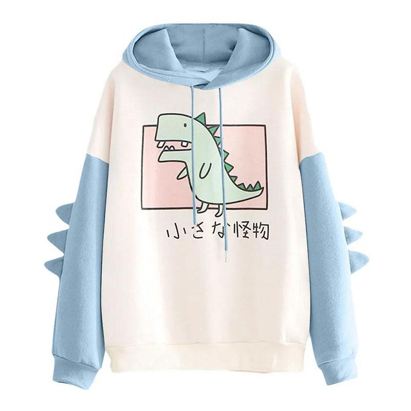 Dinosaur Oversized Cartoon Hoodie Women Sweatshirt Casual Print Korean Style Thicken Sweatshirt Winter Dino Hoodie Tops Cute Warm Sweater