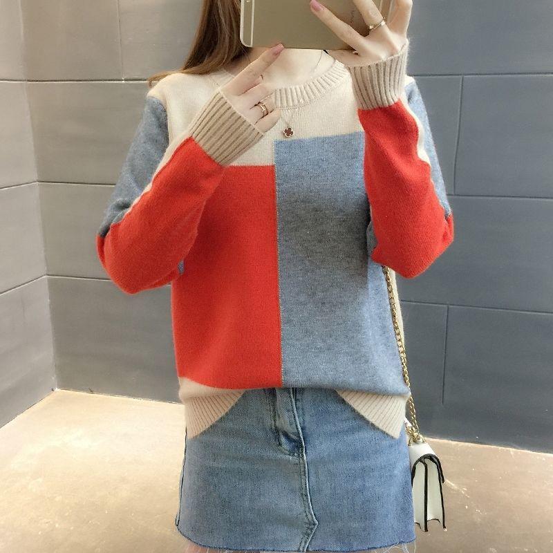 Candy-colored Knitted Bottoming Shirt Color Matching Thin Loose Blouse Plus Size Long-sleeved Sweater Women