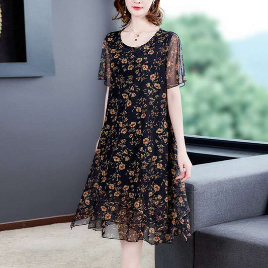 Large Size Short-sleeved Dress Women Summer Mid-length Round Neck Print Small Floral Comfort and Cool