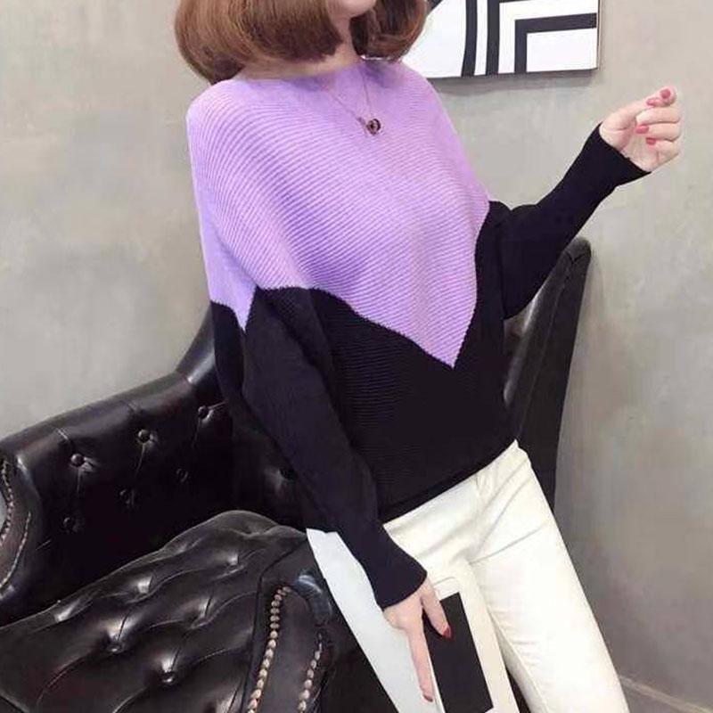 Pofulove Women Batwing Sleeve Sweater Loose Knit Pullover Sweater Female Stitching Contrast Boat Neck Jumper Tops