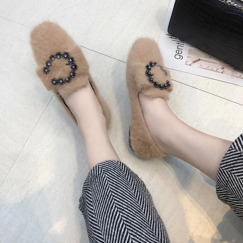 Peas Shoes Women Wild Furry Overshoes Women Casual Flat Single Shoes Furry Shoes Ladies Temperament Moccasin Shoes