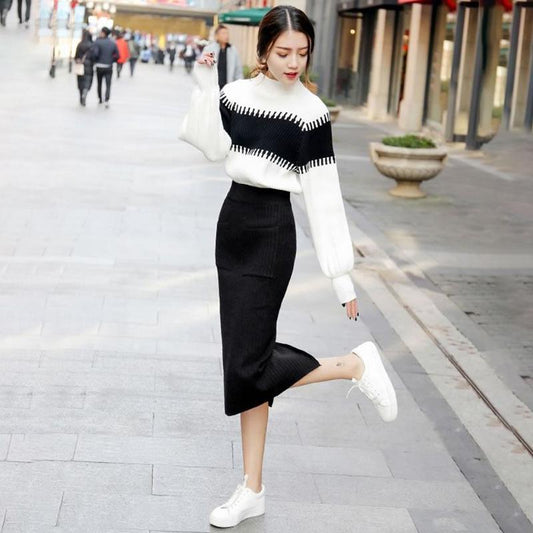 Autumn and Winter Black and White Knitted Suit Women's Warm Sweater with Hip Skirt Two-piece Temperament Goddess Warm Suit