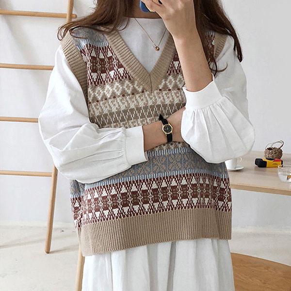 Vintage Printed Sweater Vest Women All-match Short Loose Pullover Vest Outer Wear Sweater Tank Tops