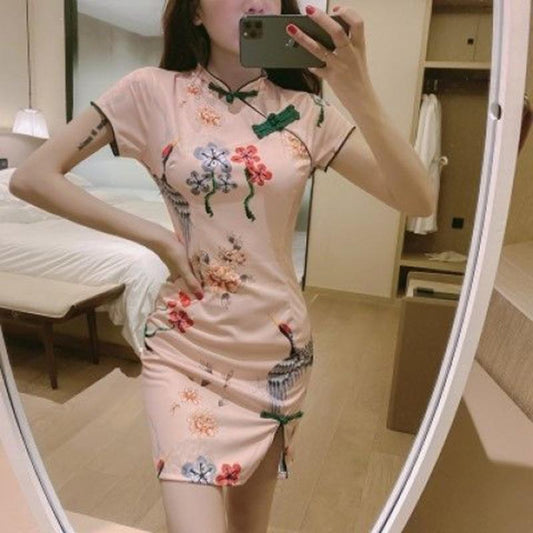 Summer Chinese Style Retro Printed Slim Temperament Was Thinner and Improved Cheongsam Dress