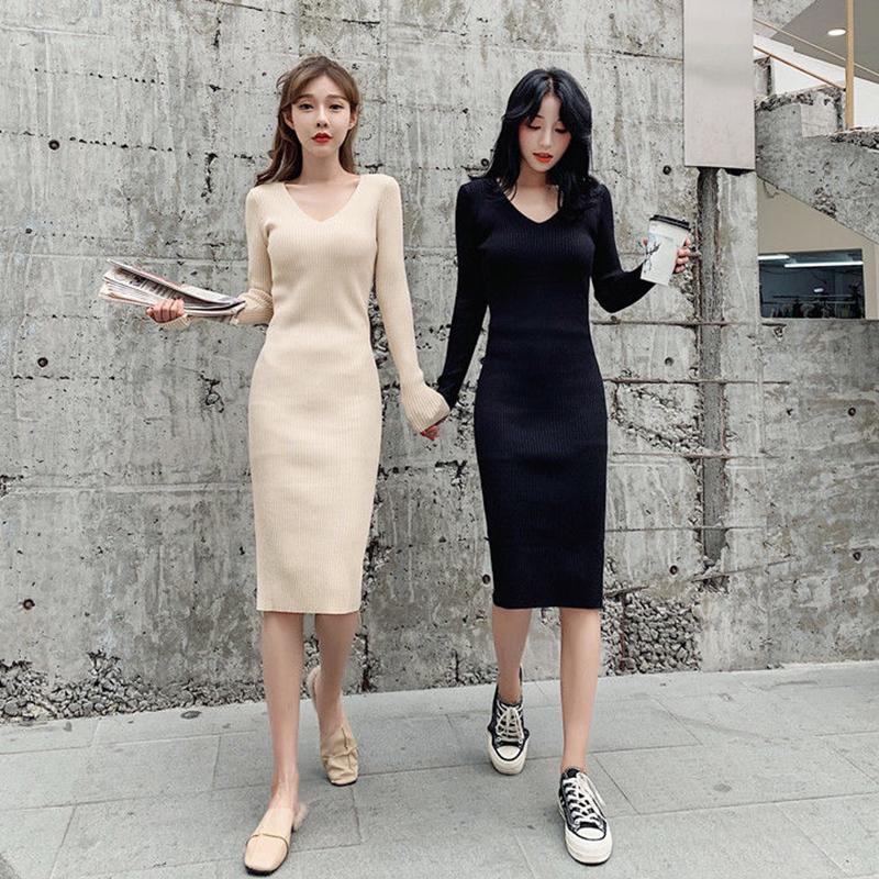 Winter Mercerized Cotton Temperament Goddess Fan Sweater Knit Dress V-neck Long-sleeved Slim Slimming Black Hip Skirt