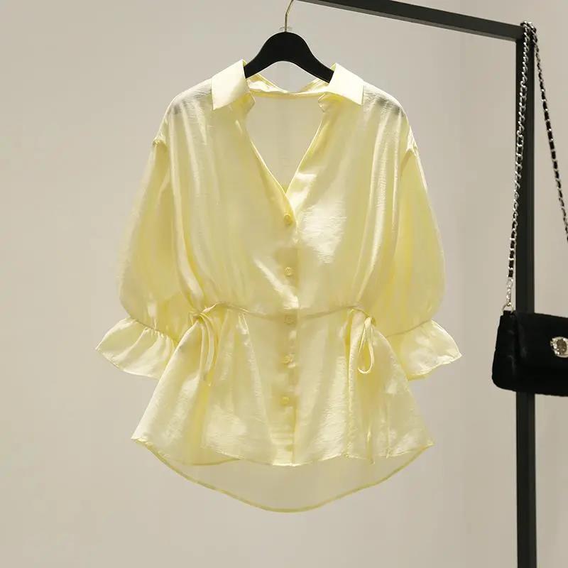 V-neck Waist Skirt Shirt Women's Summer Spring Summer Autumn Korean Chiffon Loose Ruffled Blouse Baby Shirt