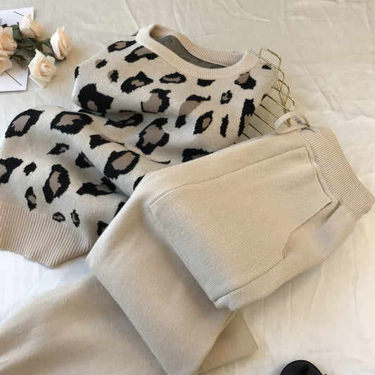 2pcs/set Women Knit Leopard Pullover Sweaters+Pants Sets Woman Fashion Jumpers Trousers 2 PCS Costumes Outfit