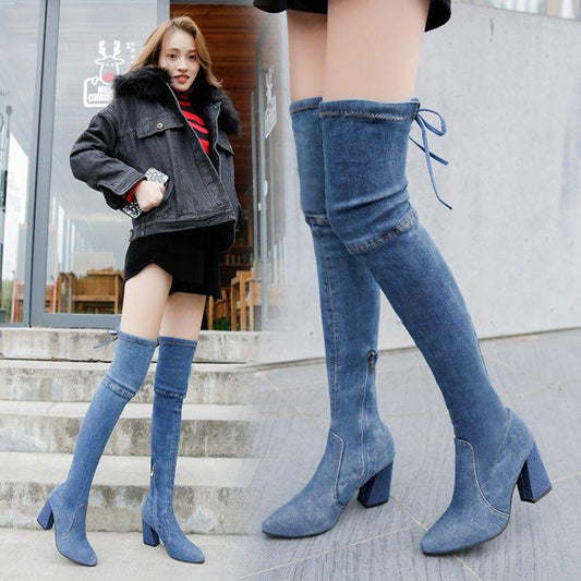 High Boots Female Pointed High-heeled Hole Denim Skinny Legs Over The Knee Boots Single Boots 35-42