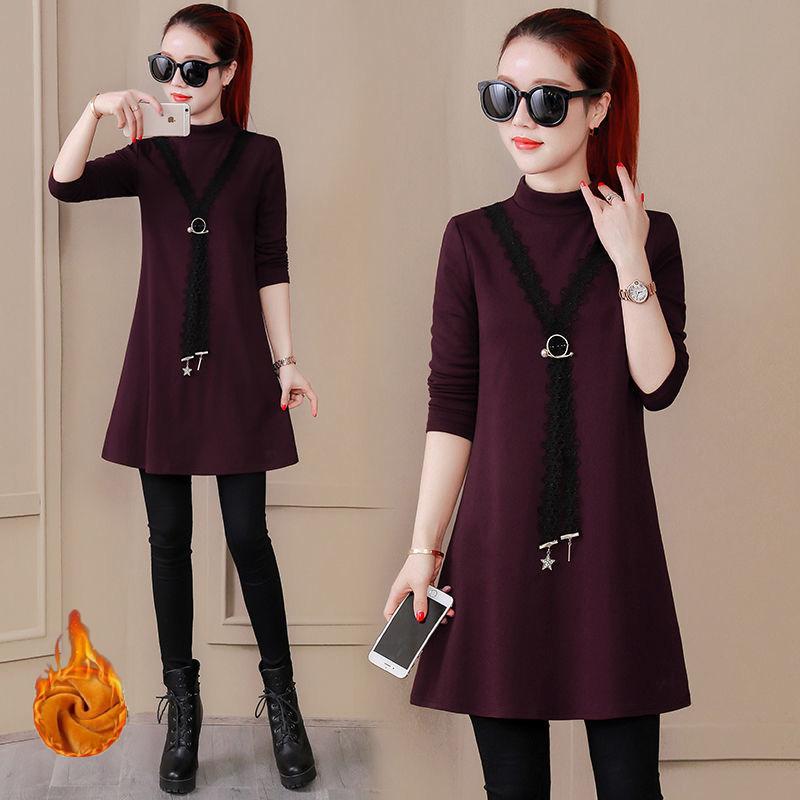 Autumn and Winter Mid-length Thick Top Solid Color Half-high Collar Long-sleeved T-shirt Round Neck Slim Bottoming Shirt Women