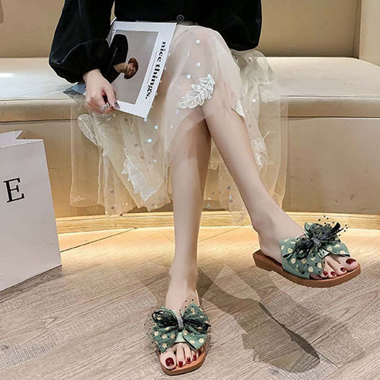 Summer New Style Flat Lace Bow Korean Female Sandals Student Versatile Non-slip Flip Flops