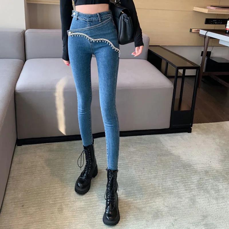 High-waist Jeans Female Autumn Diagonal Buckle Asymmetric Large Size Beads Stitching Heavy Work Slim Nine Points Small Foot Pencil Pants