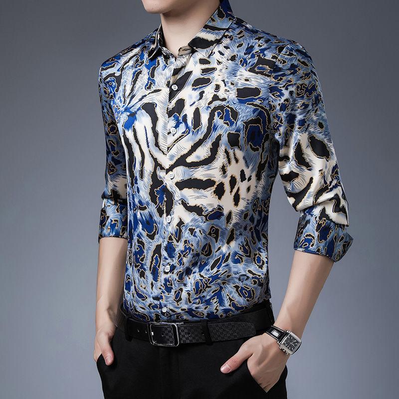 High-end Printed Mulberry Silk Men's Shirt Loose Business Casual Long-sleeved Handsome Shirt