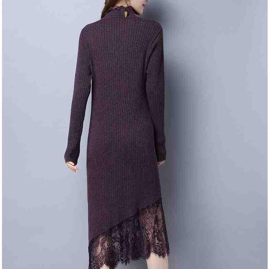 Autumn and Winter Fashion Lace Stitching Women's Bottoming Shirt Long-sleeved Mid-length Over-the-knee Slim Warm Sweater Dress