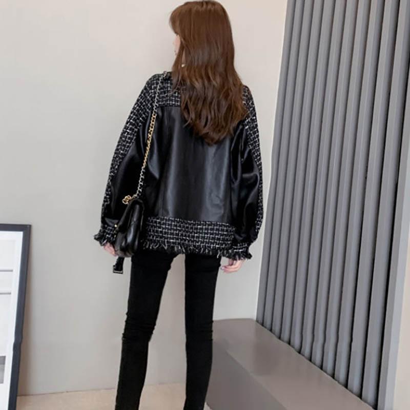 Women's Leather Jacket Spring and Autumn Models All-match Loose Short Stitching Jacket Small Children