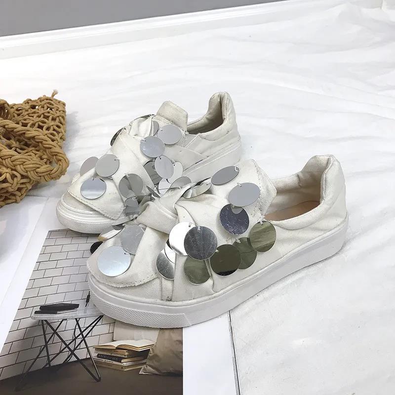 Women's Shoes Hong Kong Style Small White Shoes Women's Sequined Canvas All-match Flat Shoes