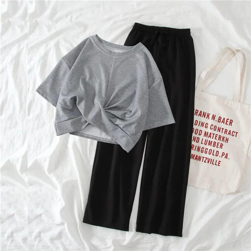 2PCS Women's Summer Short Short Sleeve + Wide Leg Pants Casual Sports Pants Two-piece Suit Student Ladies Korean Loose Suit