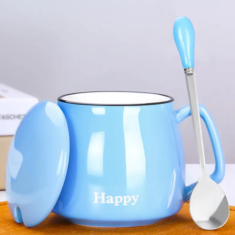 Creative Personality Ceramic Mug with Lid Spoon Trend Couple Breakfast Milk Cup Home Coffee Cup Female Water Cup