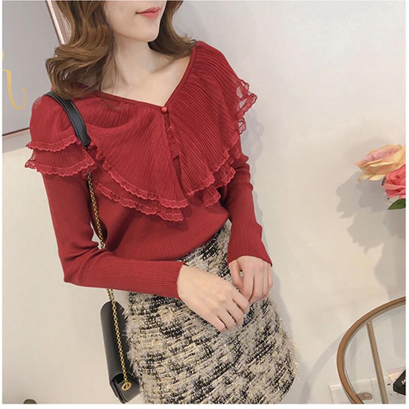 Double Layer Lotus Leaf Collar Sweater Fashion Flared Sleeve Sweater Autumn and Winter Ins Blouse