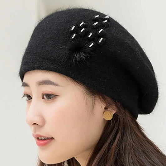 Beret Female Rabbit Fur Hat Autumn and Winter Outdoor Double-layer Thickened Wool Cap Ear Protection Warm Head Cap